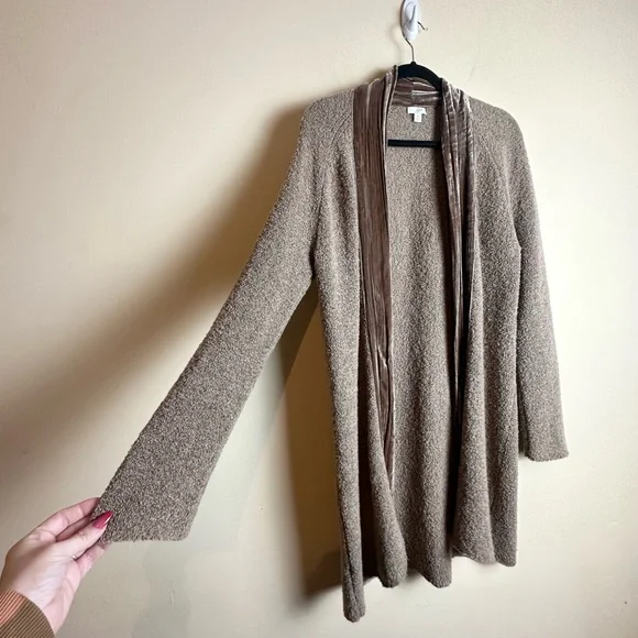 J. Jill Velvet Trim Merino Wool Silk Blend Brown Cardigan Duster Size Medium - Picture 2 of 16